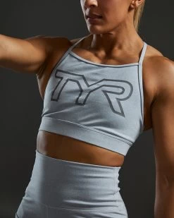 TYR Base Kinetic™ Women's High Neck Big Logo Sports Bra - Heather -Tyr FGHSHL3A 254 alt09